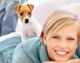 woman lying down with small puppy on her back